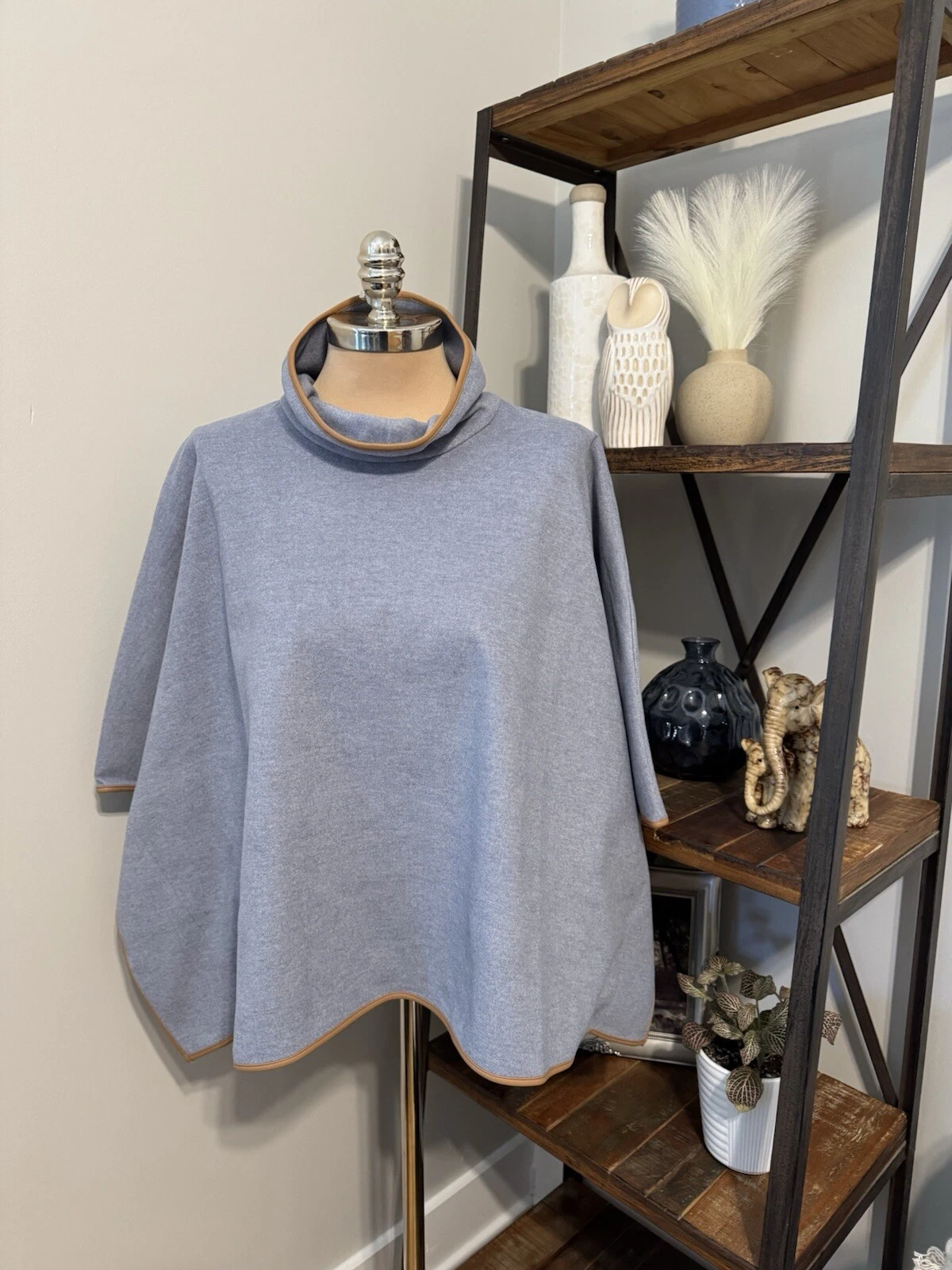 NWT Tuckernuck Women’s Leather Trim Funnel Piper Poncho One Size Slate Blue