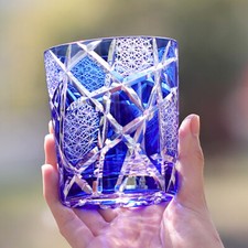 Whisky Glass Tumbler Japan Style Edo Kiriko Glassware Hand Cut To Clear Blue 9oz