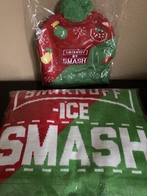 New Smirnoff Ice Smash UGLY Christmas Sweater & Beanie Fun Unique Colorful XL