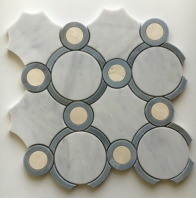 Waterjet Marble Mosaic sheet Carrara White with Blue Grey and Crema Marfil-Pol.