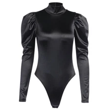 Lady Bodysuit Leotard Top Jumpsuit Long Puff Sleeve Turtle Neck Club Zip Fashion