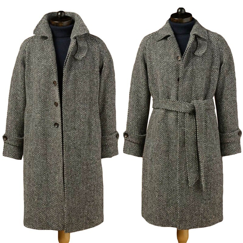 Men's Autumn Winter Gray Herringbone Long Coat Single Breasted Button  Overcoat