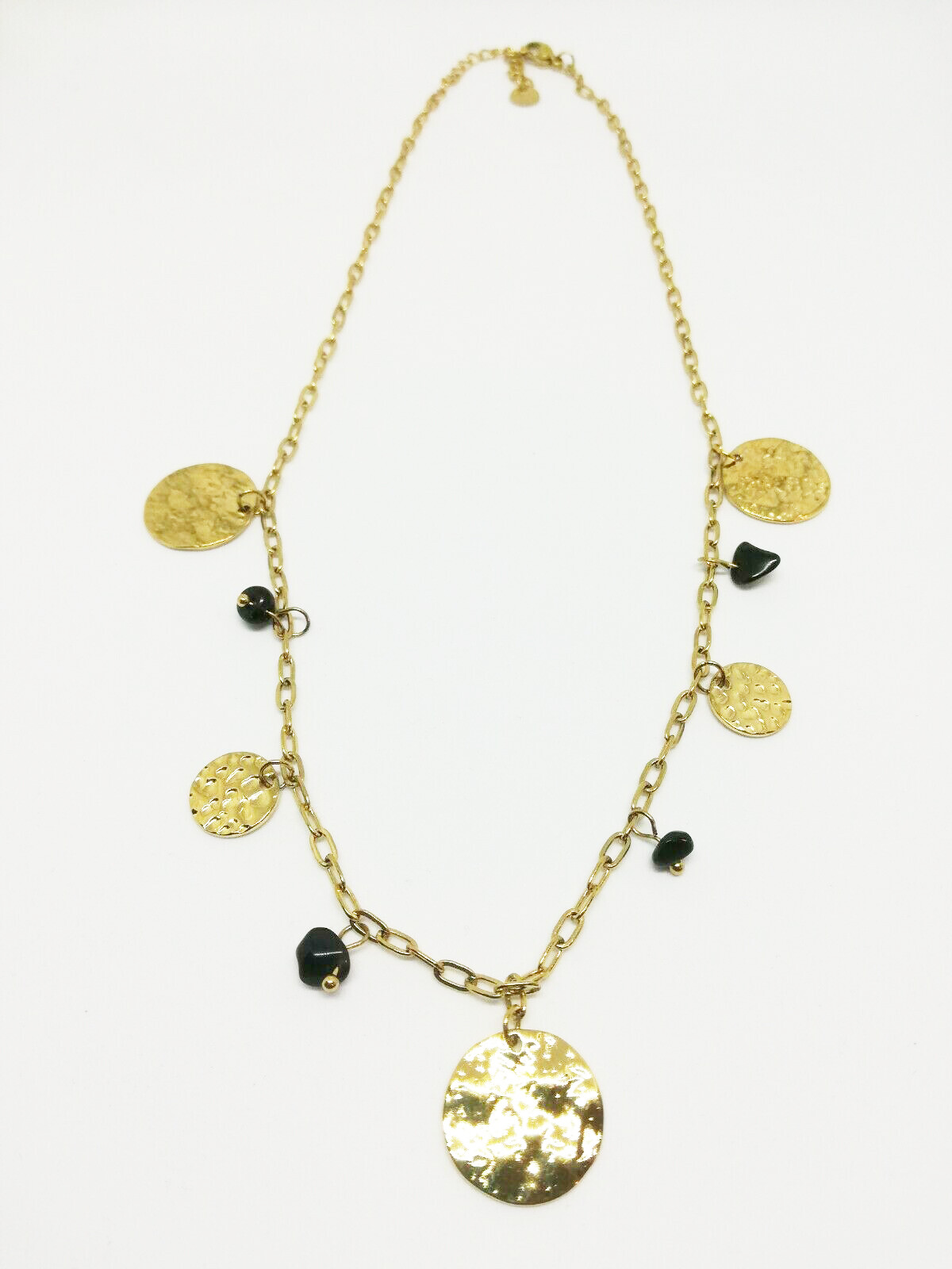 Collier doré en acier inoxydable et médaillons pierre noir de qualité