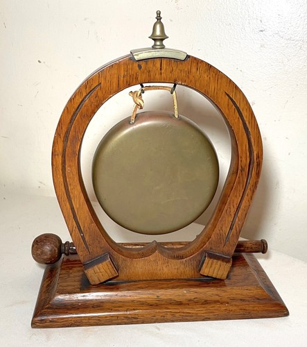 antique 1800's English hand carved wood horseshoe brass desk luck dinner gong