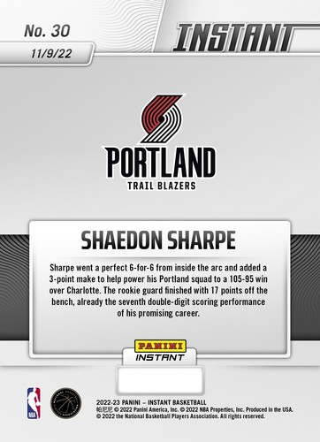2022 23 Panini Instant Shaedon Sharpe ROOKIE CARD 1 111 SP Blazers 30