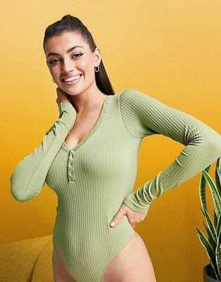 asos x 4505 Green Ribbed Bodysuit M Long Sleeve Fitted Stretchy Gift Idea
