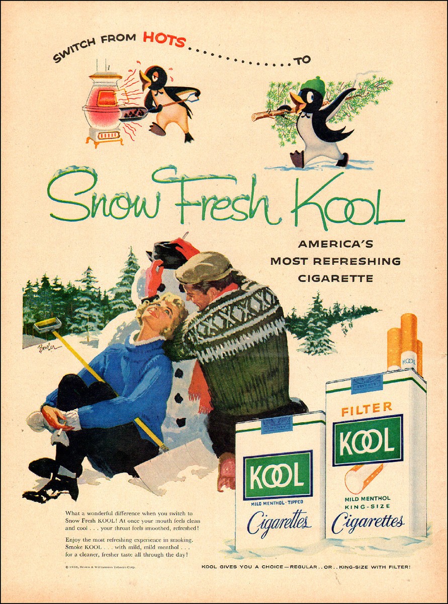 1958 Christmas tobacco AD KOOL Cigarettes cute penguins Art by Bowler  111315