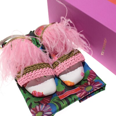 La DoubleJ NWB Medal Sandals w/ Feathers Size 38 US 8 in White/Pink/Multi