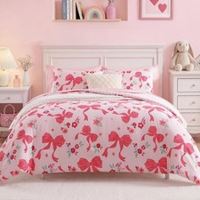 AMBERSPACE Full Size Comforter Set for Girls, Pink Bow Bedding Set with Cute ...
