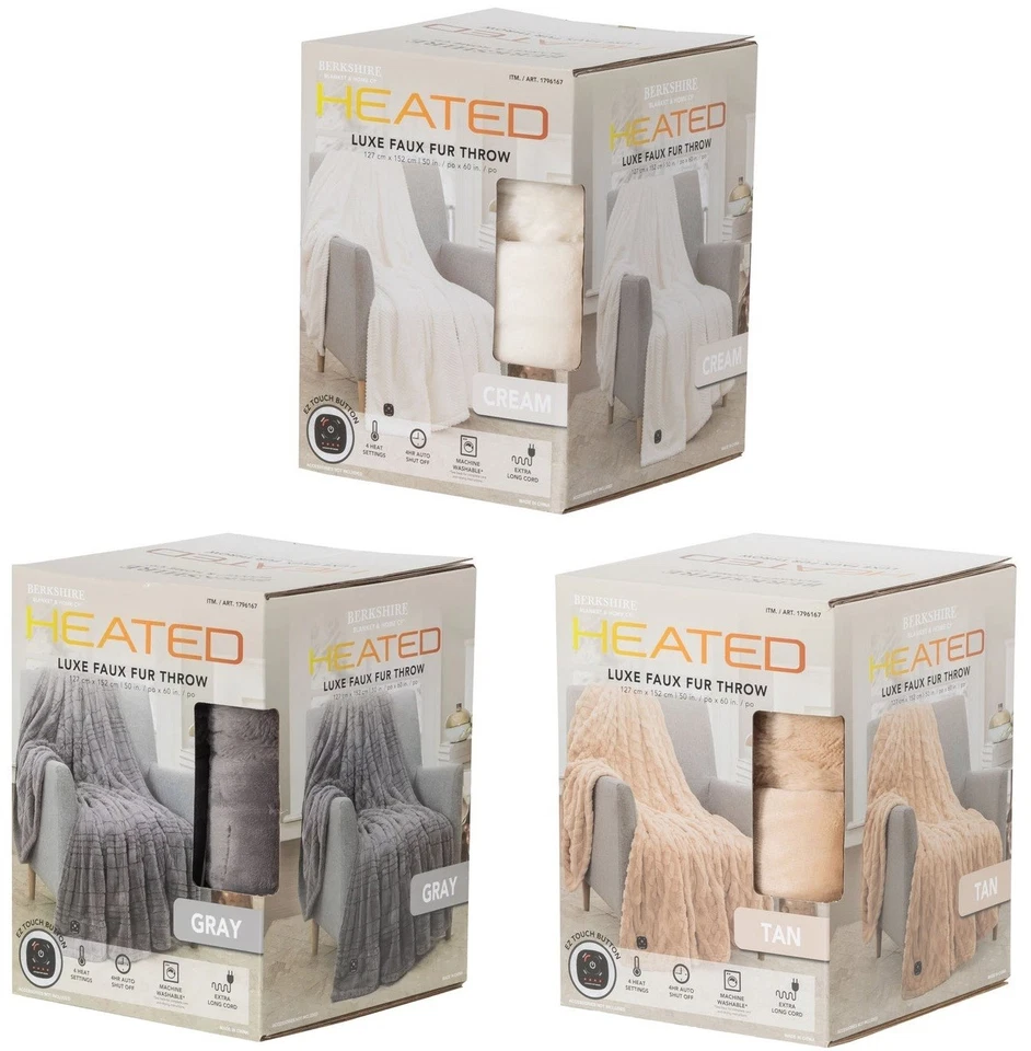 Berkshire Life Faux Fur Heated Throw - 50" x 60" Machine Washable 4 Heat Blanket