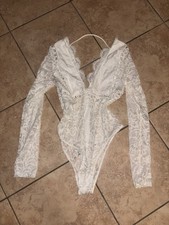 White Lace Long Sleeve Sheer Floral Bodysuit Semi-Transparent Women