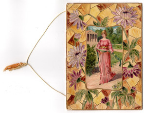 Card MY VALENTINE, love poem illus w/woman, children, flowers, Art Nouveau style