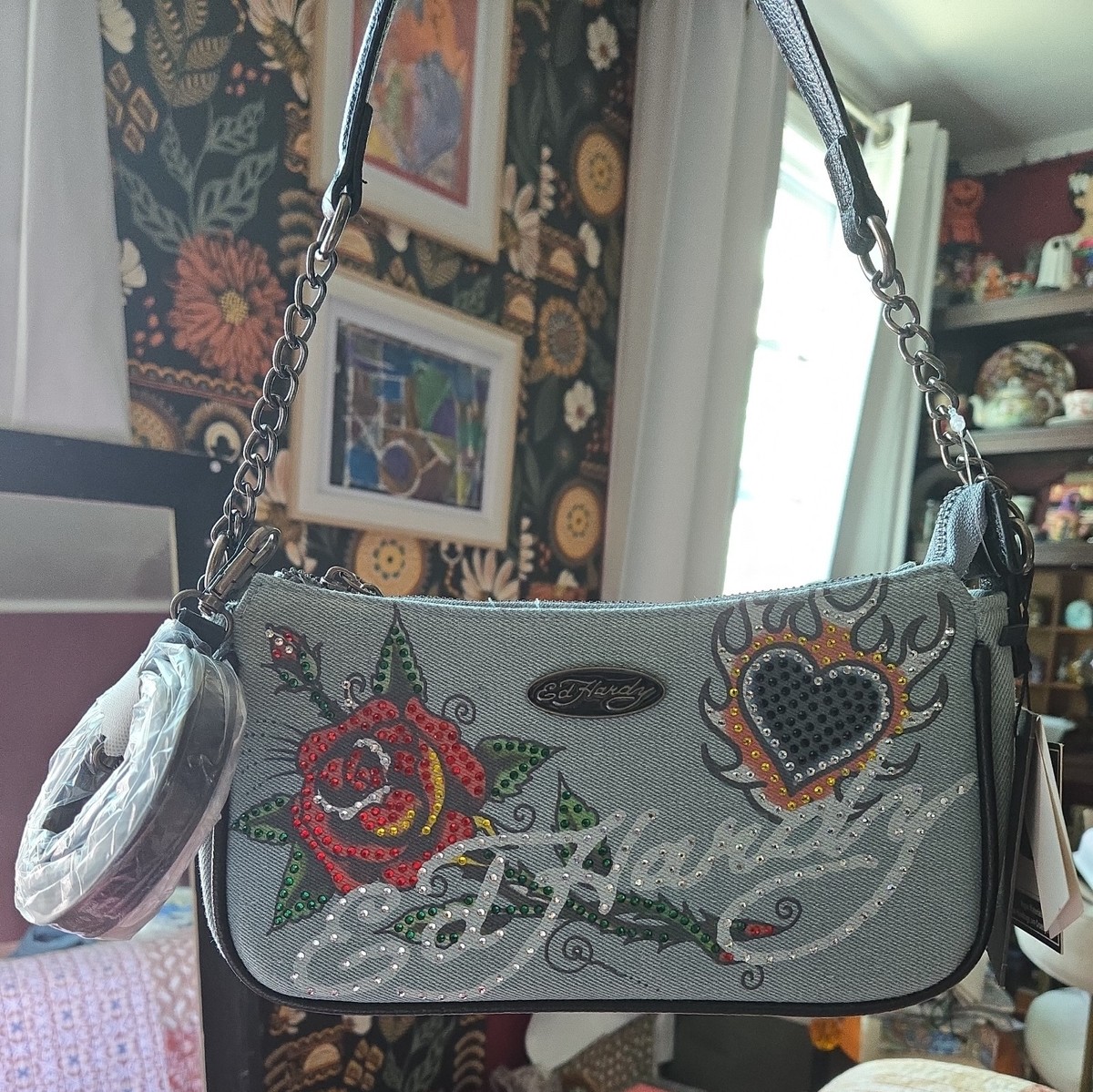 Ed Hardy Denim Y2K Style Rhinestone Tattoo Hearts And Rose