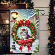 Merry Christmas Cat Garden Flag 12x18 Inch Double Sided Holiday Kitten with C...