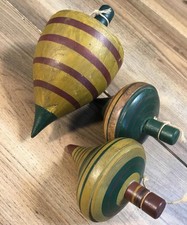 Rare Set of 3 Antique 19thC Hand-Painted Wooden Spinning Tops Folk Art Toys USA