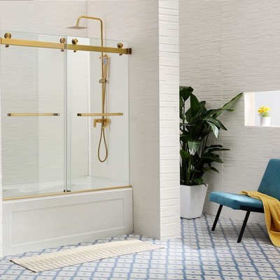56-60''W x 62''H Frameless Tub Glass Door Gold Clear Glass For Tub Shower Door