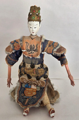 Antique Chinese Court Opera Doll Wood Carved Head Silk Embroidered Costume 11 