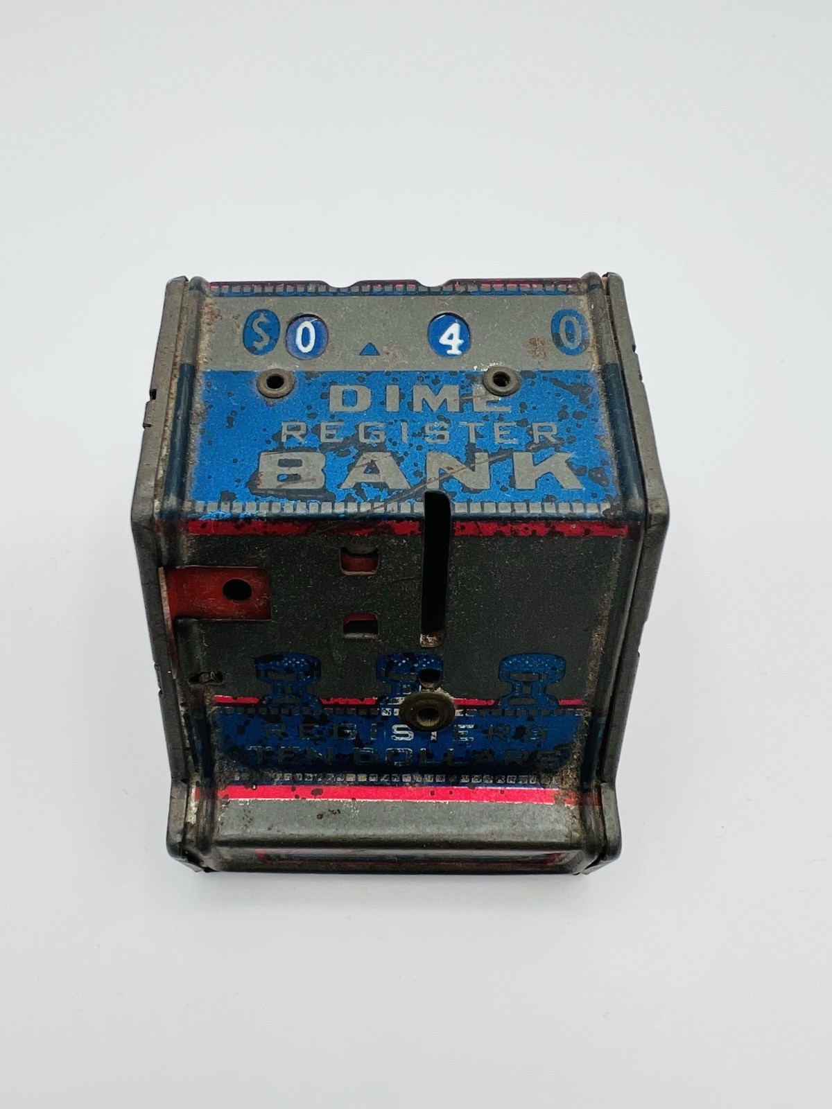 как выглядит Vintage J.Chein Co. Tin Litho Dime Register Bank, Registers Ten Dollars фото