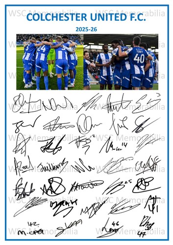 12272. 2025-26 Colchester United Signed Team Photo Sheet (PRINTED AUTOGRAPH A4)