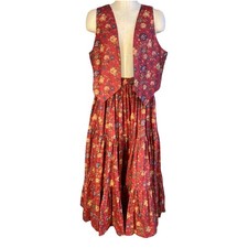 Vintage 70s Hand Made Western Red Calico Print Tiered Prairie Midi Skirt Size OS