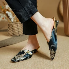 Summer Women Mules Embroidery Fabric Square Toe Low Heel Slippers Sandals Shoes