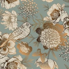 Carta parati adesiva verde petrolio oro fiori uccelli 44,5 cm×3 m