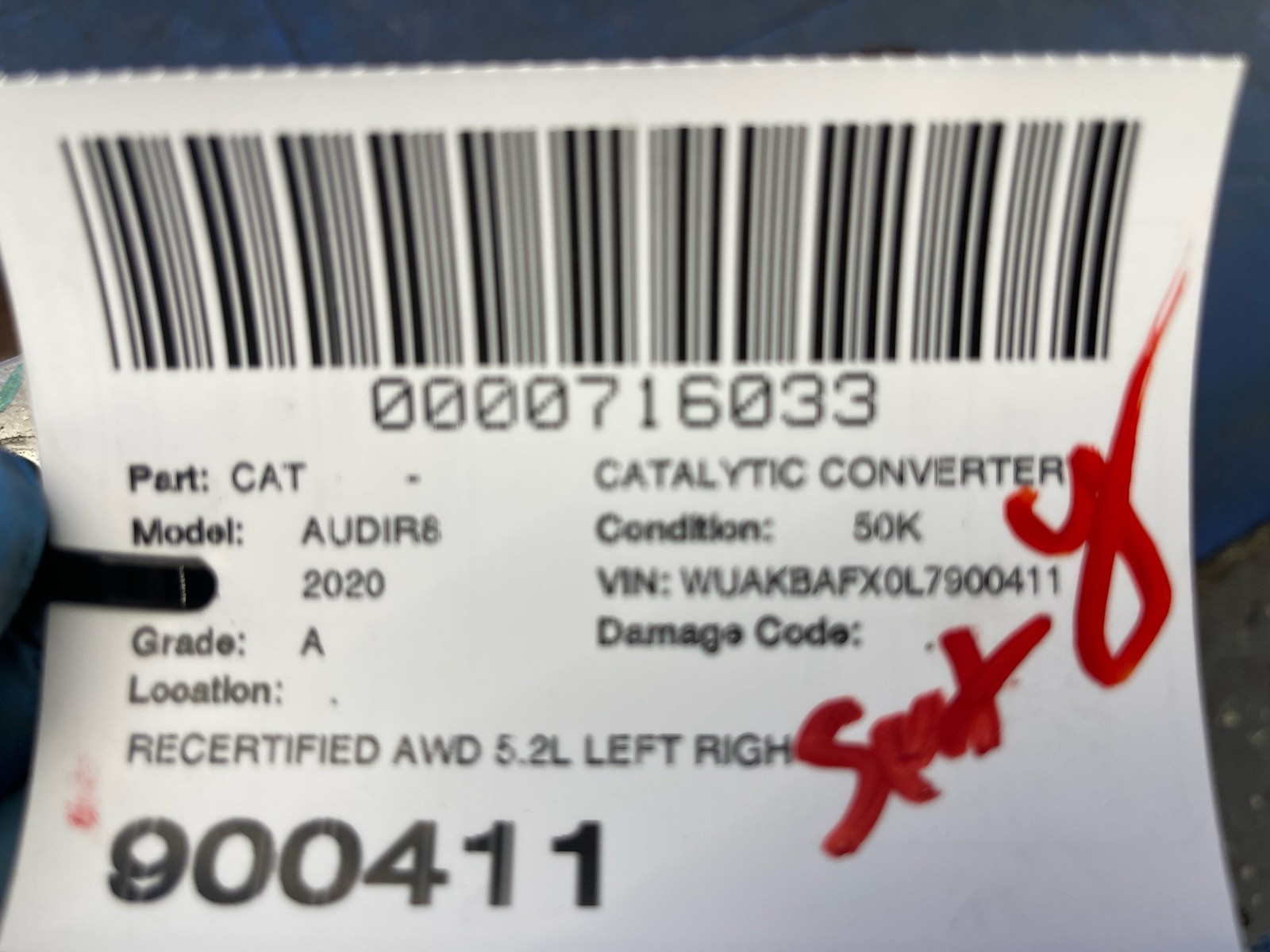 2017-2023 AUDI R8 RECERTIFIED AWD 5.2L CATALYTIC CONVERTER U/AUD/420131090/0321