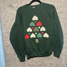VTG 80s 90s Hanes Medium Ugly Christmas Sweatshirt Stitch Patch Trees Green USA
