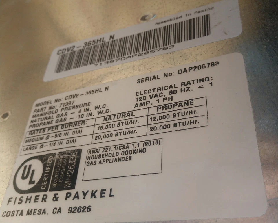 Estufa de gas/propano Fisher & Paykel SS 36" 5 quemadores (CDV2-365HL N), usada/buena Foto 4 de 4