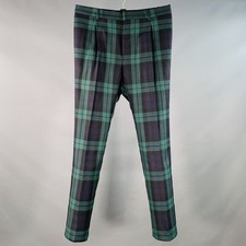 VALENTINO Size 32 Navy Green Plaid Wool Pleated Tapered Dress Pants