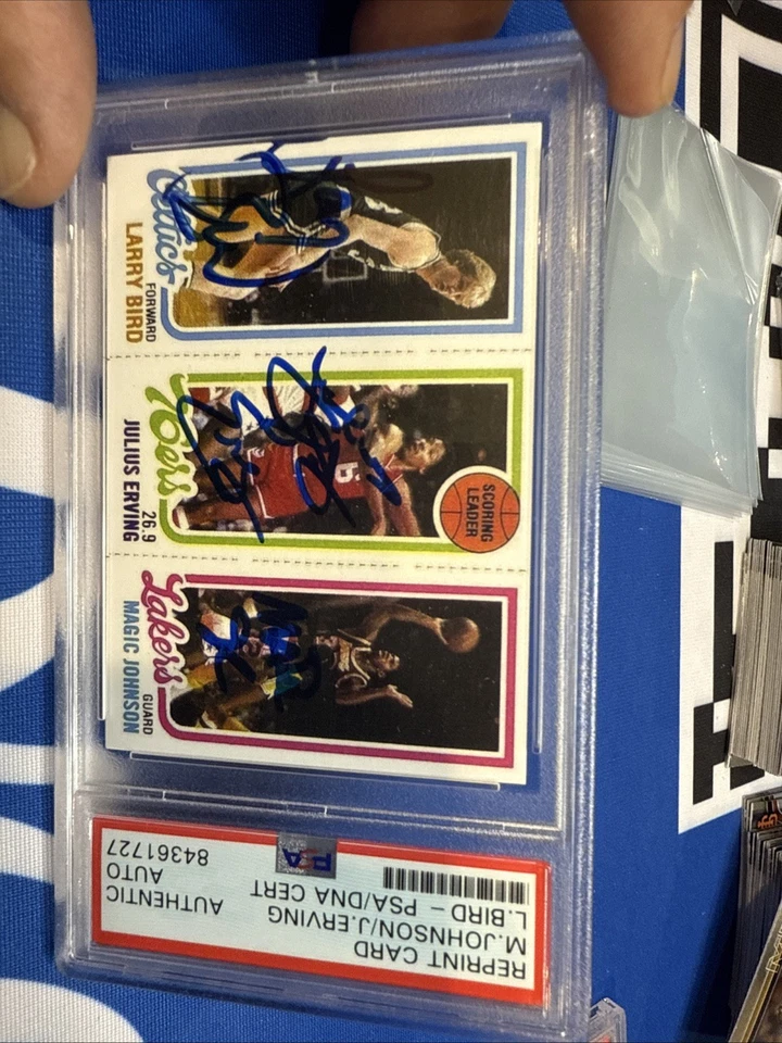 1980 Topps Reimpresión Bird/Erving/Magic Auténtico Triple Automático Certificado PSA/DNA Foto 2 de 4