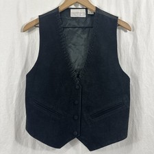 Passports Vintage Black Suede Leather Stitch Snap Button Vest Sz M Rodeo Cowboy