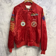 Vintage 80s United States Marine Corps Satin Bomber Jacket Mens XL Red Patches