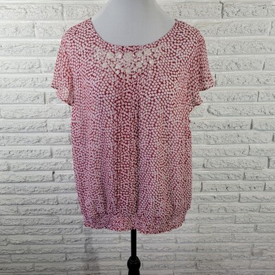 CJ Banks 1X Top Blouse Red White Geometric Print Sequin Flutter Sleeve Peplum