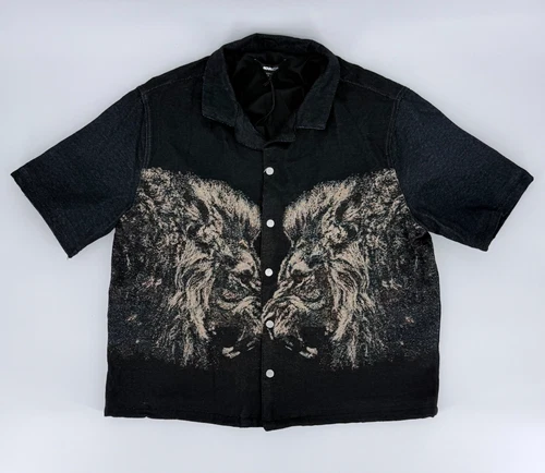 Novamen Tapestry Lion Jacket L Woven Graphic Black Denim Look Streetwear Shacket - product listing photo