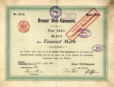 WEŁNIANA CZESANKA BREMA i HANNOVER akcje, 1000 marek, 1899