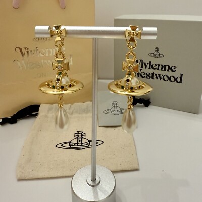 Vivienne Westwood ポップ金色のイヤリングと真珠. Vivienne Westwood Orb Pearl Drop Earrings Gold Tone With box