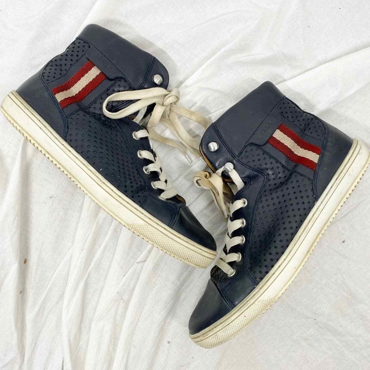 BALLY OLIR navy blue leather perforated high-top sneakers | eBay