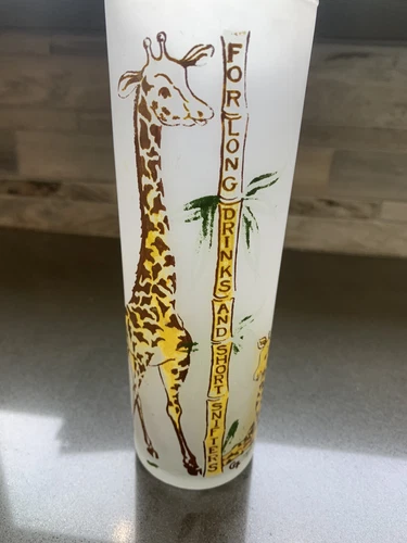 Vintage Glass Giraffe Frosted Tall Animal Bamboo Bar Cocktail Retro Drink 6 7/8”