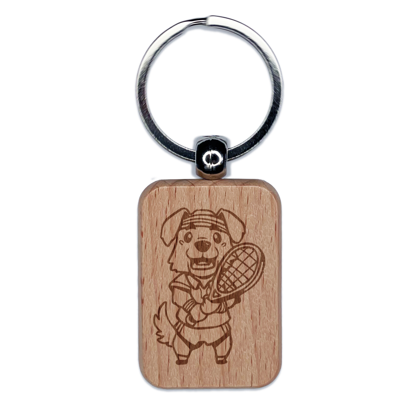 Eager Tennis Player Dog Wooden Keychain Tag with Engraving