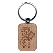 Eager Tennis Player Dog Engraved Wood Rectangle Keychain Tag Charm