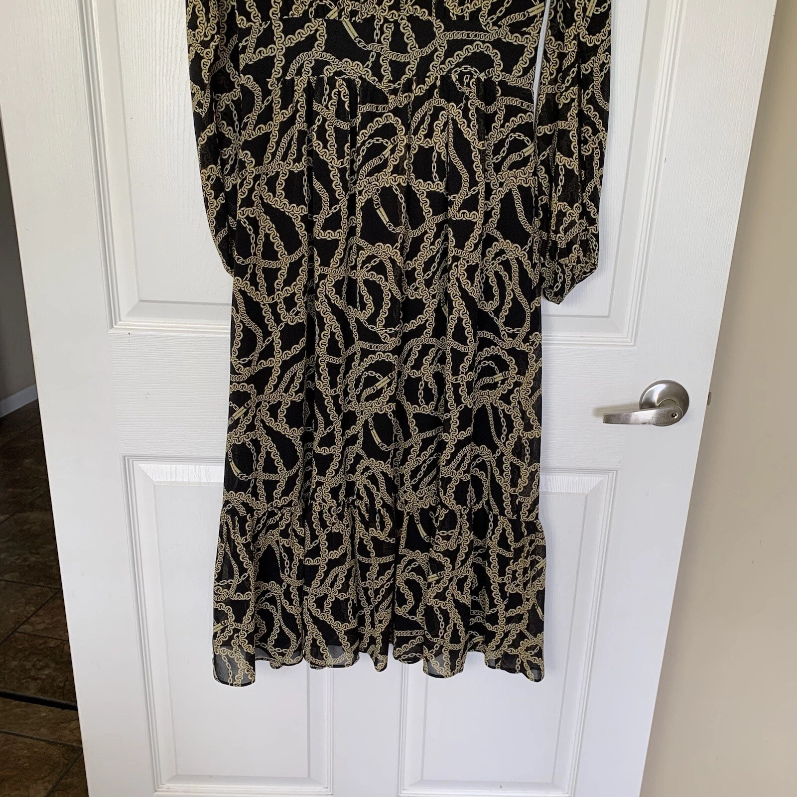 Abito Michael Kors XS nero oro stampa catena slinky chiffon maniche lunghe