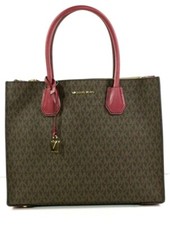 Image of Michael Kors Mercer Large Leather Tote Shoulder Bag Vanilla or Mulberry Brown