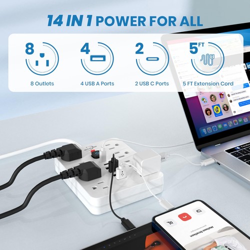 Paquete de 2 protectores contra sobretensiones de tira de alimentación con 8 tomas 4 puertos USB y 2 puertos USB C blanco - Imagen 4 de 7