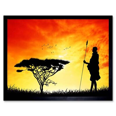 Foto Attrappe Silhouette Sonnenuntergang Masai Krieger 12 x 16 Zoll gerahmter Kunstdruck