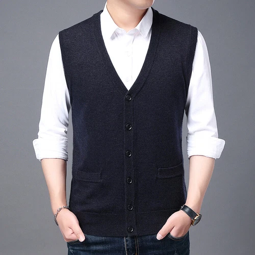 Mens V Neck Sleeveless Jumper Button Up Sweater Tank Top Cardigan Knitted Vest - Picture 16 of 21