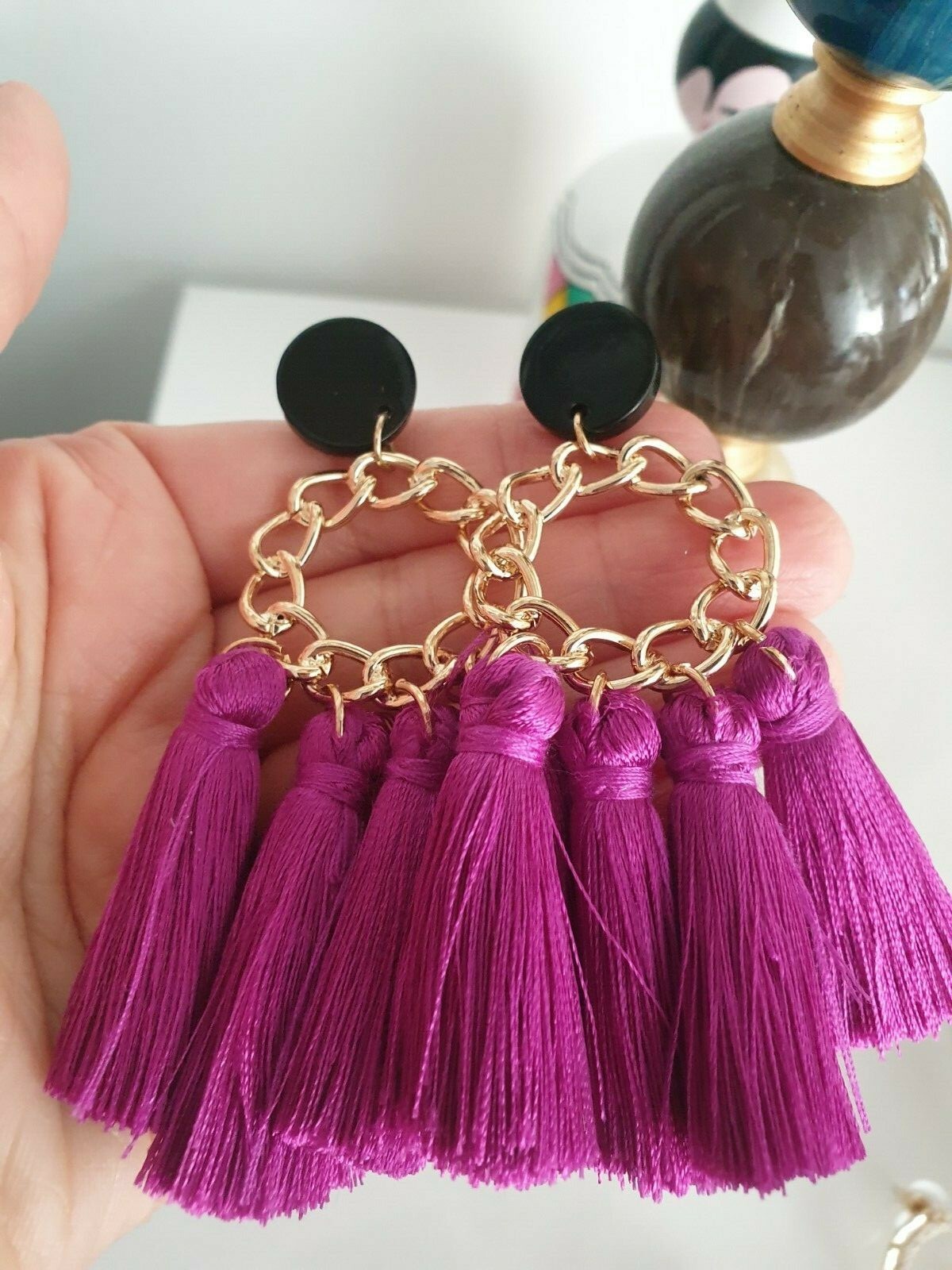 pendientes originales dorados y fucsia Cocktail Party Ohrringe orecchini chic