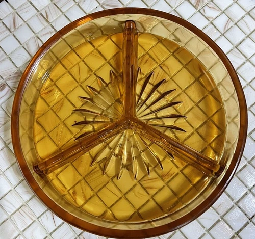 Vintage Amber Depression Glass Divided round Dish Tray Candy Nut 3 sections 7"