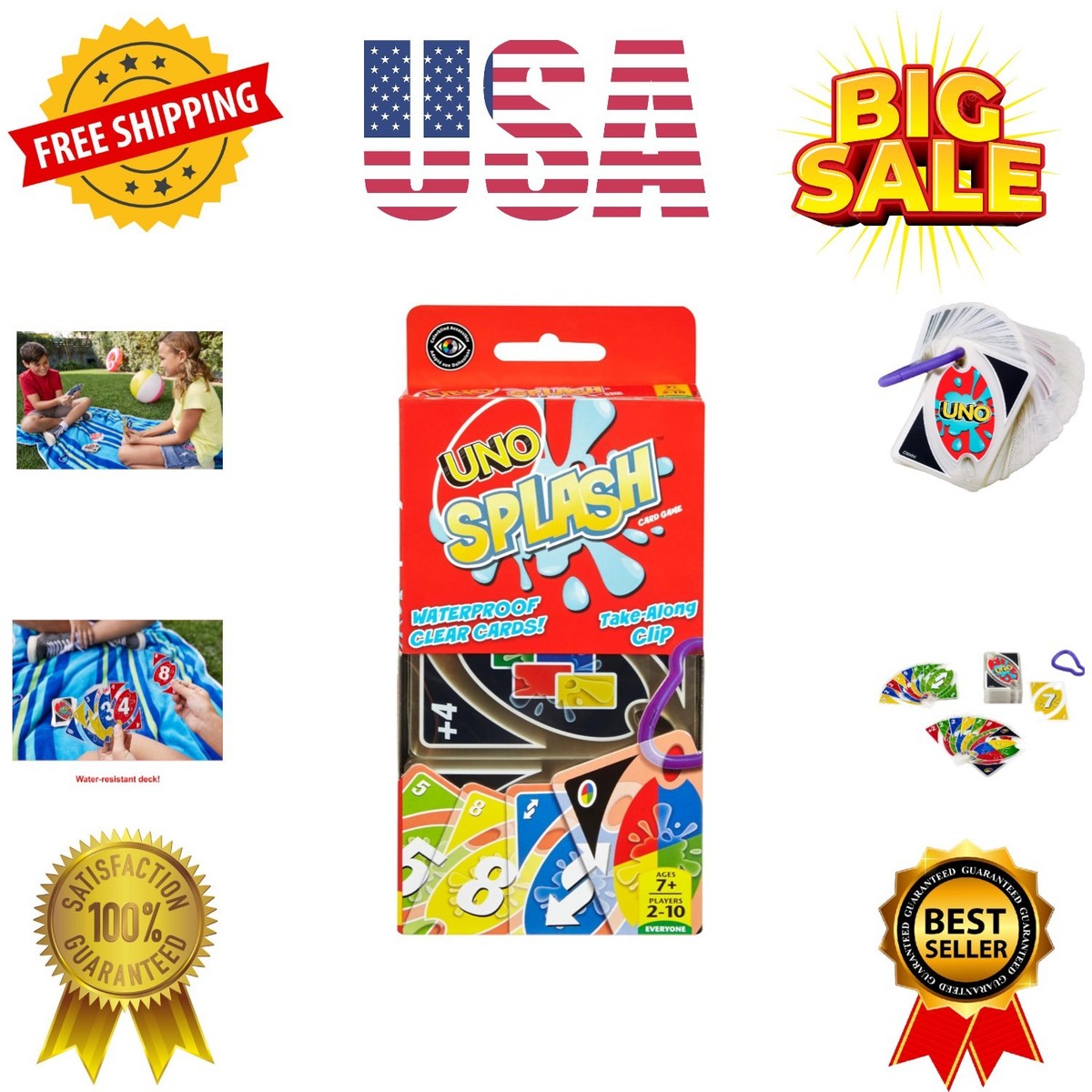 UNO Splash Card Game with Waterproof Cards and Portable Clip for