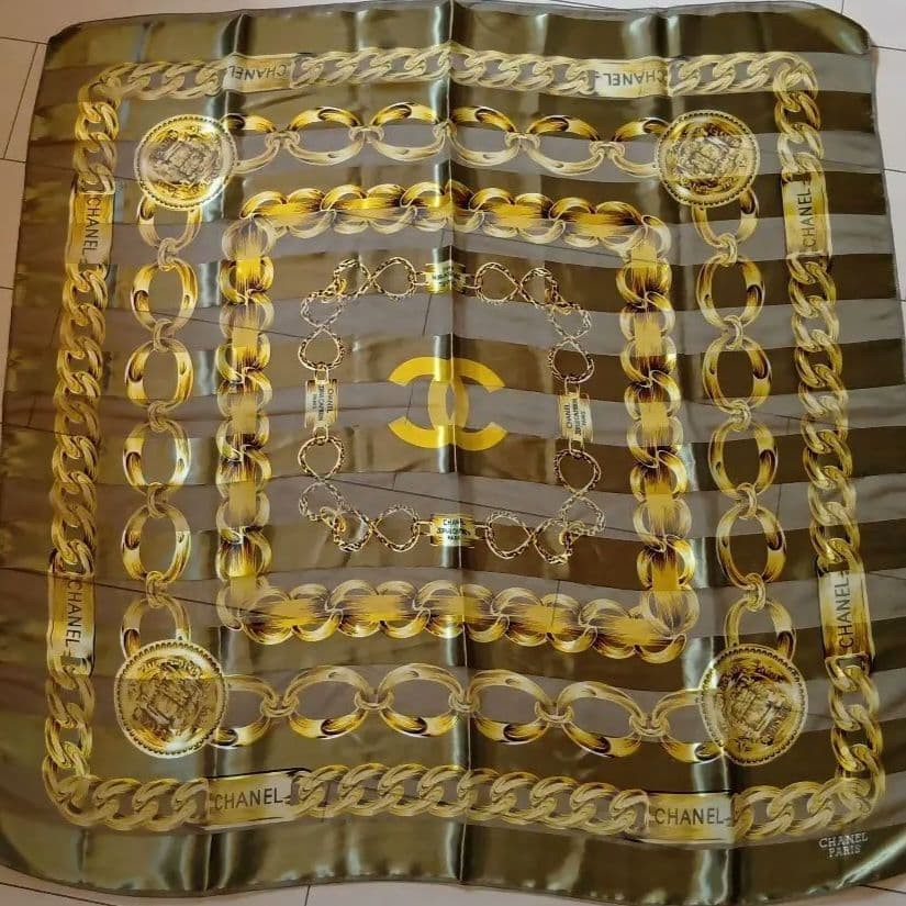 Used Chanel Vintage Scarf Gold Khaki Chain Pattern 95cm x 95cm | eBay